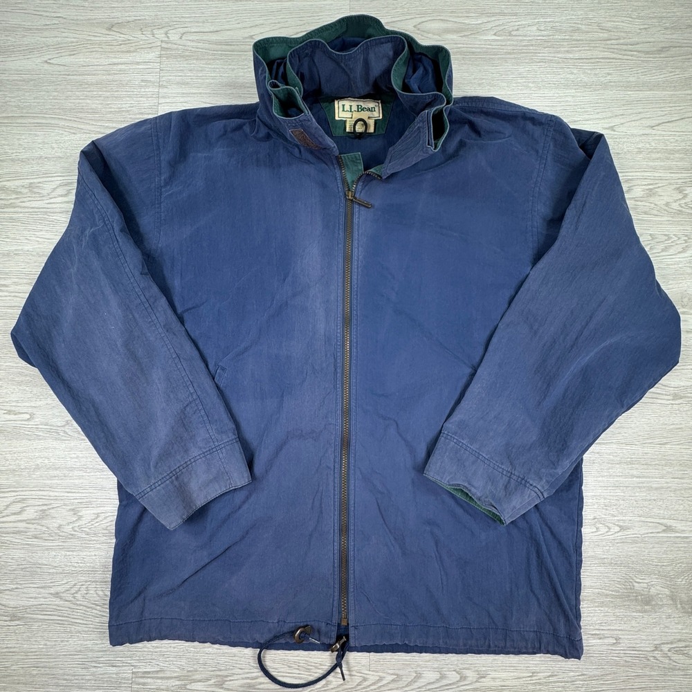 LL Bean Mens Jacket Vintage Blue Large Tall Cotton Nylon Full Zip Windbreaker
